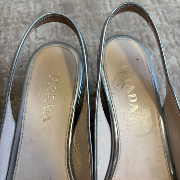 Prada Patent Leather Slingback Platform Wedge Sandal Womens 36.5 Silver Peeptoe - Picture 6 of 14